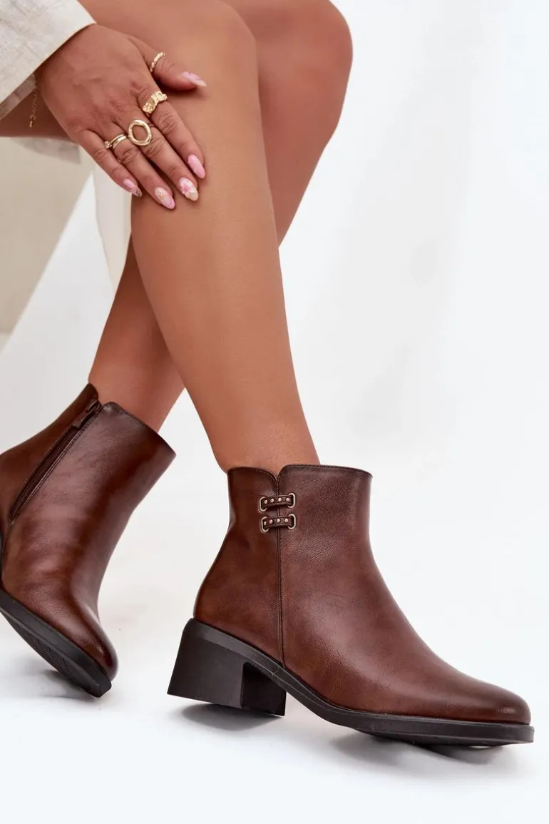 Ocieplane Botki Damskie Na Klocku Brązowe Delmira