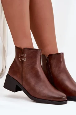 Ocieplane Botki Damskie Na Klocku Brązowe Delmira