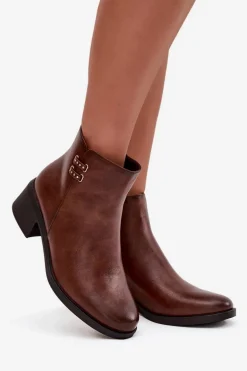 Ocieplane Botki Damskie Na Klocku Brązowe Delmira