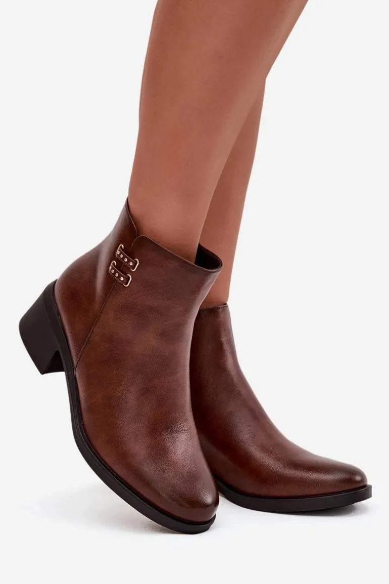 Ocieplane Botki Damskie Na Klocku Brązowe Delmira