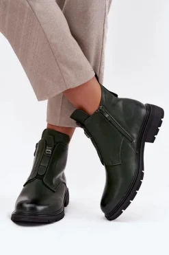 Ocieplane Botki Damskie Na Zamek Z Ozdobnym Detalem Ciemnozielone Roselle