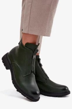 Ocieplane Botki Damskie Na Zamek Z Ozdobnym Detalem Ciemnozielone Roselle