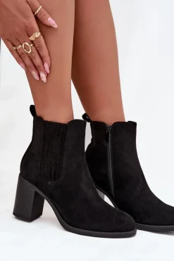 Ocieplane Botki Damskie Na Słupkowym Obcasie Czarne Brevina