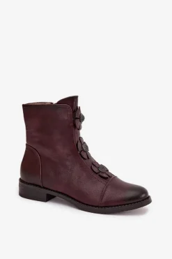 Ocieplane Botki Damskie Na Płaskim Obcasie Z Ozdobnymi Kwiatkami Bordowe Pravienne