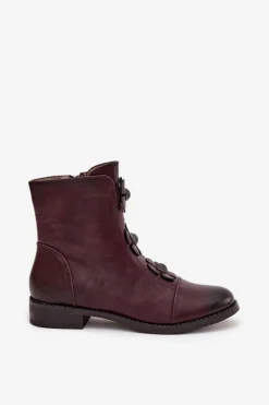 Ocieplane Botki Damskie Na Płaskim Obcasie Z Ozdobnymi Kwiatkami Bordowe Pravienne