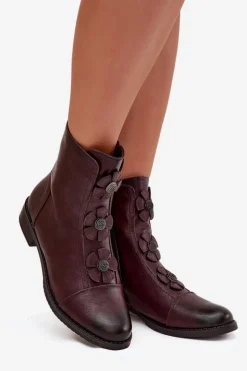 Ocieplane Botki Damskie Na Płaskim Obcasie Z Ozdobnymi Kwiatkami Bordowe Pravienne