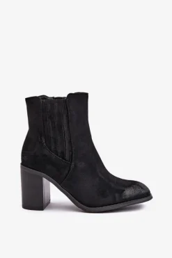 Ocieplane Botki Damskie Na Słupku Eko Zamszowe Czarne Gudra