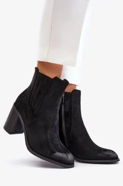 Ocieplane Botki Damskie Na Słupku Eko Zamszowe Czarne Gudra