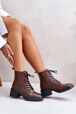 Ocieplane Botki Damskie Na Niskim Obcasie Ze Skóry naturalnej Vinceza 66722 Brązowe