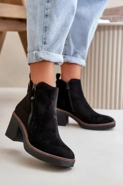 Ocieplane Botki Damskie Na Słupku Z Eko Zamszu Czarne Velarilla