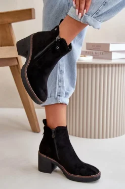 Ocieplane Botki Damskie Na Słupku Z Eko Zamszu Czarne Velarilla