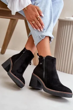 Ocieplane Botki Damskie Na Słupku Z Eko Zamszu Czarne Velarilla