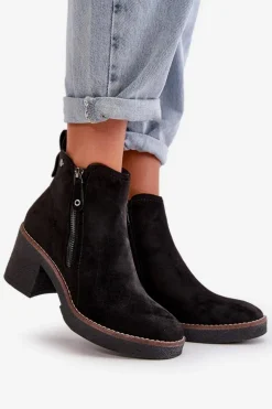 Ocieplane Botki Damskie Na Słupku Z Eko Zamszu Czarne Velarilla