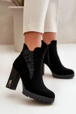 Ocieplane Botki Damskie Na Wysokim Słupku Z Haftem Czarne Verissae
