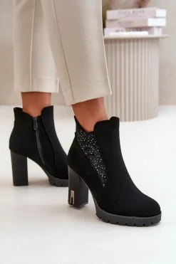Ocieplane Botki Damskie Na Wysokim Słupku Z Haftem Czarne Verissae
