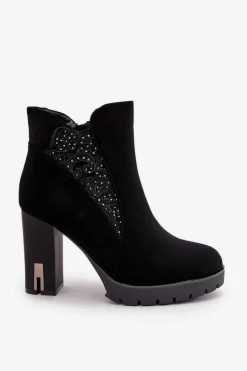 Ocieplane Botki Damskie Na Wysokim Słupku Z Haftem Czarne Verissae