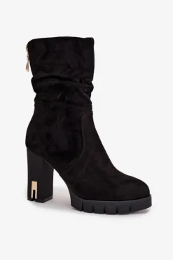 Ocieplane Botki Damskie Na Słupku Ze Złotym Zamkiem I Marszczeniem Czarne Briannae