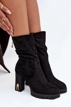 Ocieplane Botki Damskie Na Słupku Ze Złotym Zamkiem I Marszczeniem Czarne Briannae