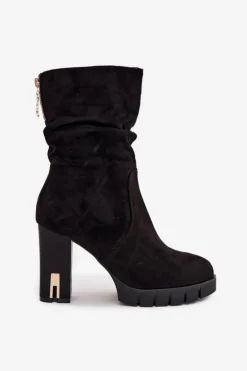 Ocieplane Botki Damskie Na Słupku Ze Złotym Zamkiem I Marszczeniem Czarne Briannae