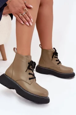 Ocieplane Botki Damskie Na Platformie Sznurowane Zielone Harmine