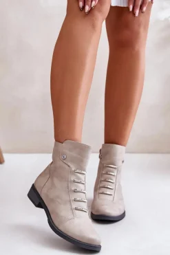 Ocieplane Botki Damskie Na Płaskim Obcasie Beżowe Labise