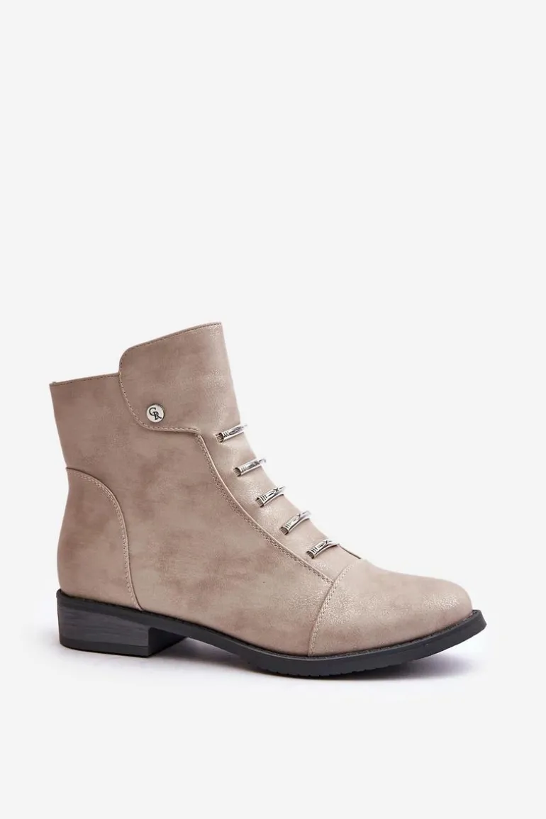 Ocieplane Botki Damskie Na Płaskim Obcasie Beżowe Labise