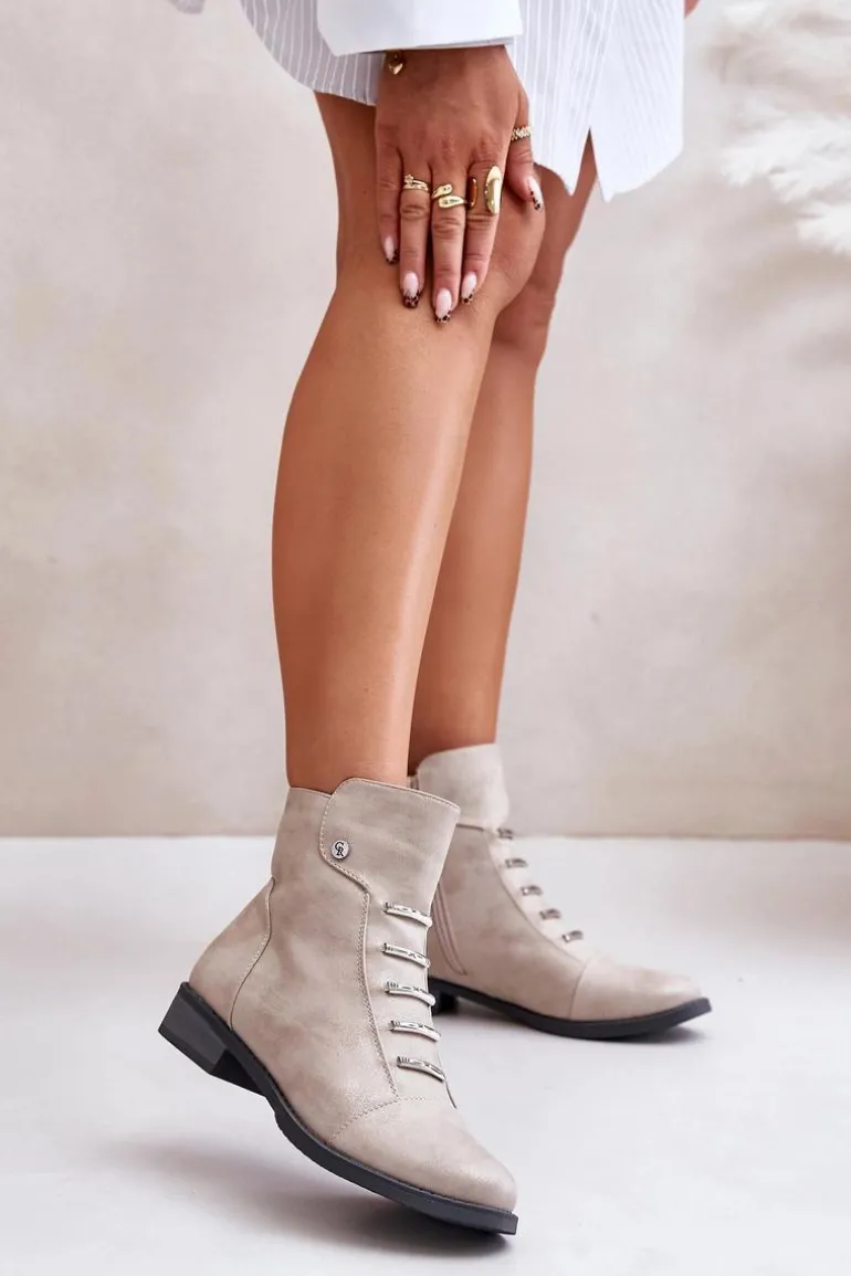 Ocieplane Botki Damskie Na Płaskim Obcasie Beżowe Labise