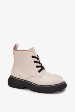 Ocieplane Botki Damskie Na Platformie Sznurowane Jasnobeżowe Harmine
