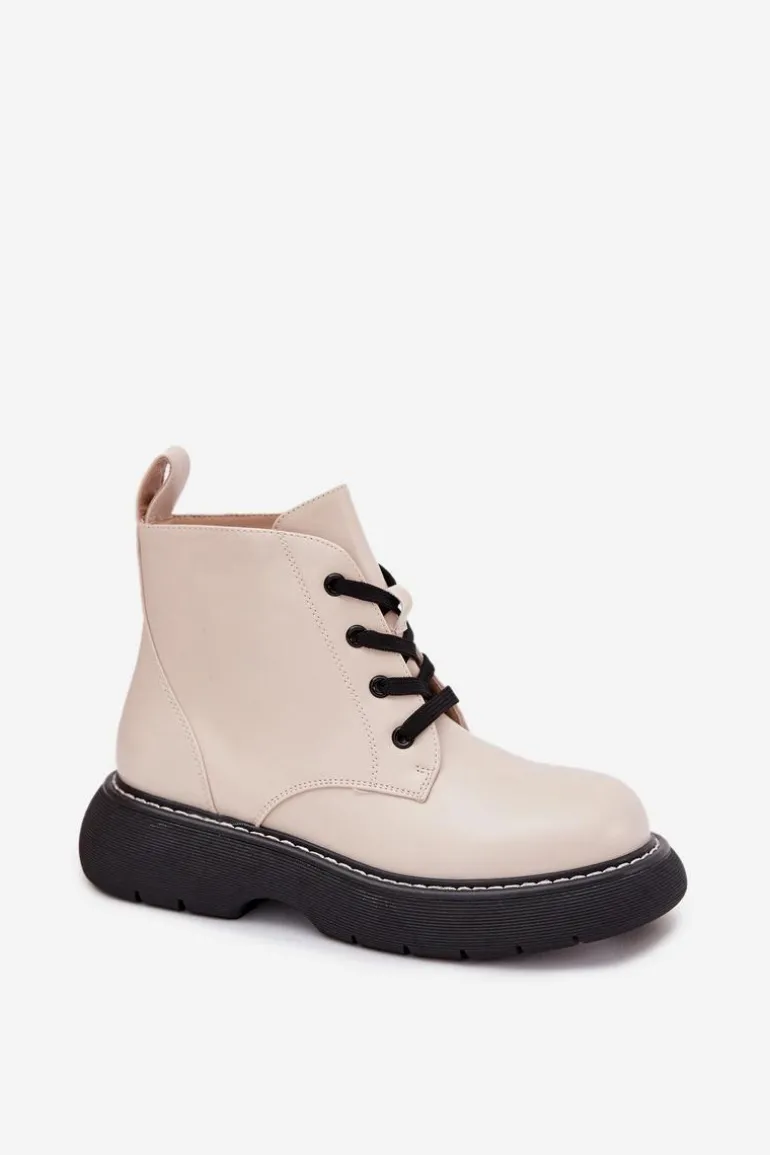Ocieplane Botki Damskie Na Platformie Sznurowane Jasnobeżowe Harmine