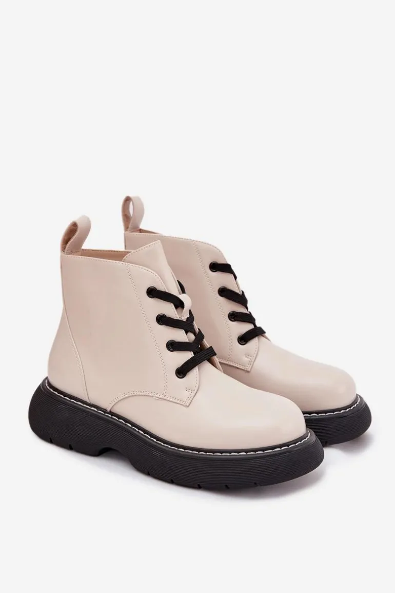Ocieplane Botki Damskie Na Platformie Sznurowane Jasnobeżowe Harmine