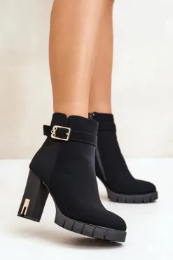 Ocieplane Botki Damskie Na Słupku Ze Złotą Klamrą Czarne Taitra