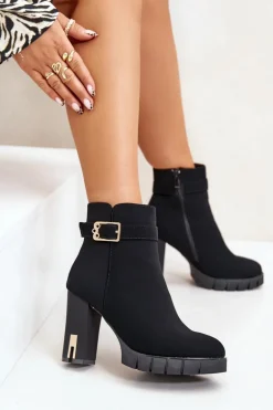 Ocieplane Botki Damskie Na Słupku Ze Złotą Klamrą Czarne Taitra