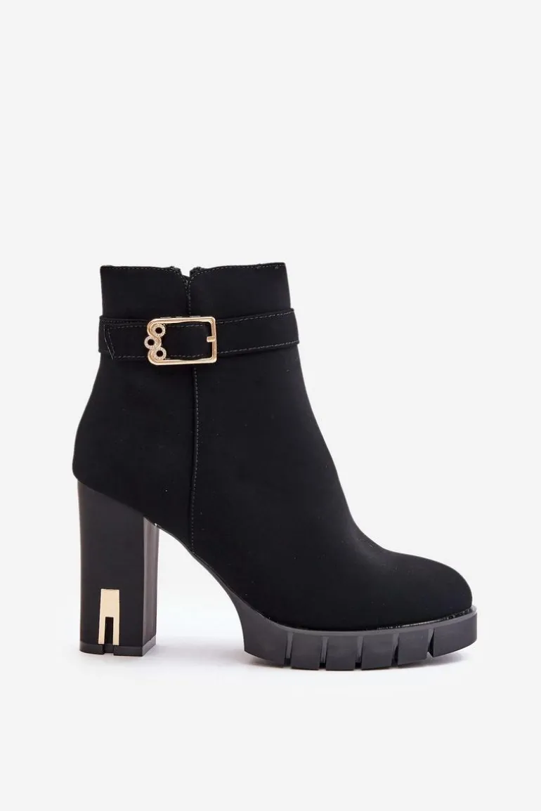 Ocieplane Botki Damskie Na Słupku Ze Złotą Klamrą Czarne Taitra