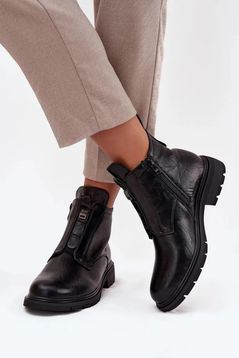 Ocieplane Botki Damskie Na Zamek Z Ozdobnym Detalem Czarne Roselle
