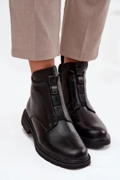 Ocieplane Botki Damskie Na Zamek Z Ozdobnym Detalem Czarne Roselle