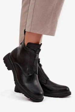 Ocieplane Botki Damskie Na Zamek Z Ozdobnym Detalem Czarne Roselle