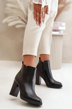 Ocieplane Botki Damskie Na Słupku Eko Skórzane Czarne Teresine