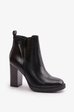 Ocieplane Botki Damskie Na Słupku Eko Skórzane Czarne Teresine