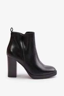 Ocieplane Botki Damskie Na Słupku Eko Skórzane Czarne Teresine