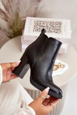 Ocieplane Botki Damskie Na Słupku Eko Skórzane Czarne Teresine