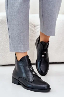 Ocieplane Botki Damskie Na Płaskim Obcasie Z Eko Skóry S.Barski HY42-716 Czarne