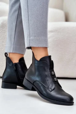 Ocieplane Botki Damskie Na Płaskim Obcasie Z Eko Skóry S.Barski HY42-716 Czarne