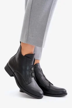 Ocieplane Botki Damskie Na Płaskim Obcasie Z Eko Skóry S.Barski HY42-716 Czarne