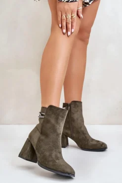 Ocieplane Botki Damskie Na Słupku Eko Zamszowe Ciemnozielone Saivia