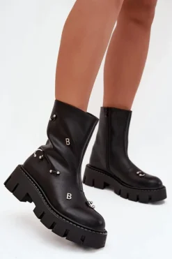 Ocieplane Botki Damskie Na Zamek Z Ozdobami Czarne Thavira