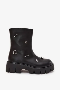 Ocieplane Botki Damskie Na Zamek Z Ozdobami Czarne Thavira