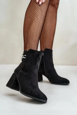 Ocieplane Botki Damskie Na Słupku Eko Zamszowe Czarne Saivia