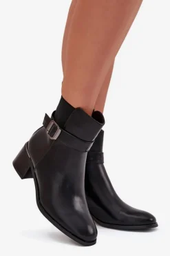 Ocieplane Botki Damskie Na Obcasie Z Paskiem I Klamrą Czarne Sylira
