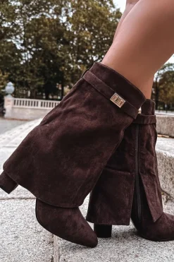 Ocieplane Botki Damskie Na Słupku Z Ozdobnym Paskiem Czekoladowe Luvielle