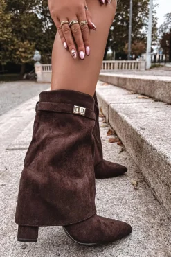 Ocieplane Botki Damskie Na Słupku Z Ozdobnym Paskiem Czekoladowe Luvielle